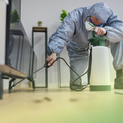 Pest control technician in PPE and suit treating residential home pest control